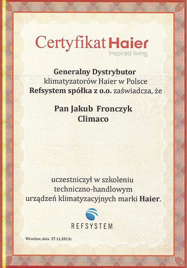 Certyfikat Haier 2013