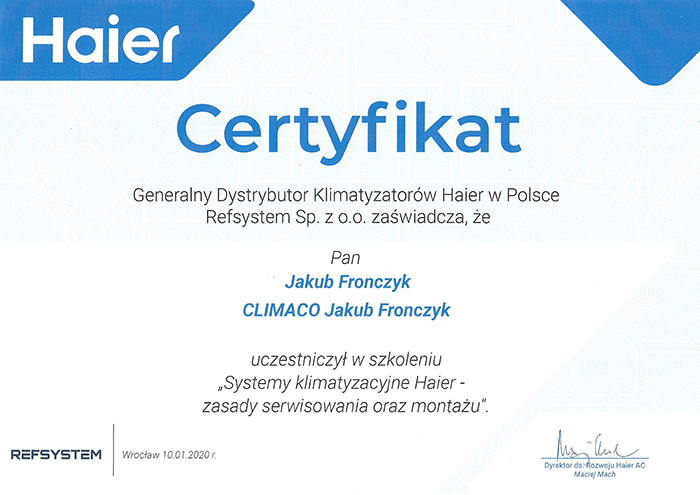 Certyfikat Haier 2020