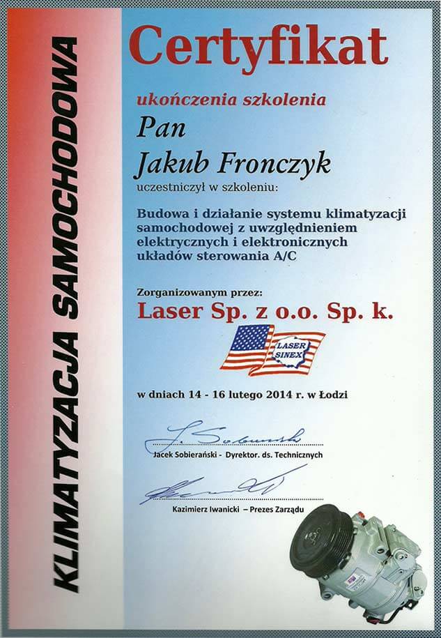 Certyfikat Klimatyzacja Samochodowa